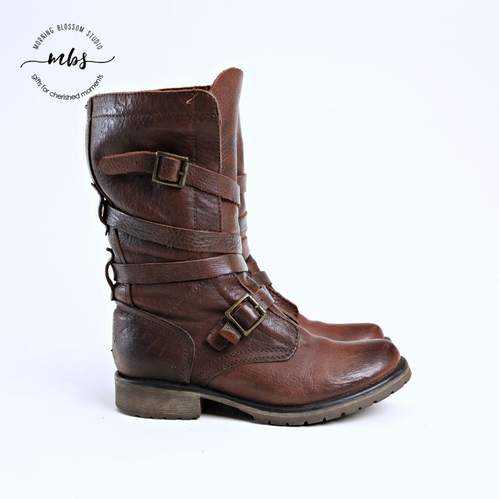 Steve Madden Banddit Leather Multi Strap Buckle Combat Boots Brown Women 5.5
